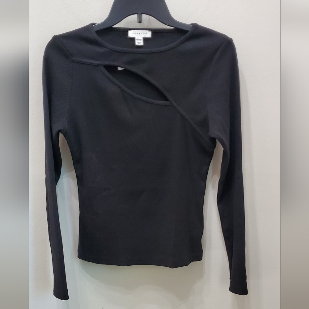 Topshop Black Ribbed Long Sleeve Keyhole Cutout Top 8-10